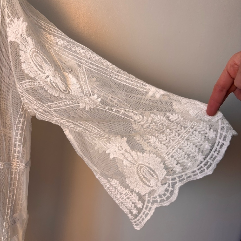 Artesian Boho Shear White Embroidered Lace Maxi Kimono 3/4 Flair Sleeve Sz XL - Picture 4 of 14